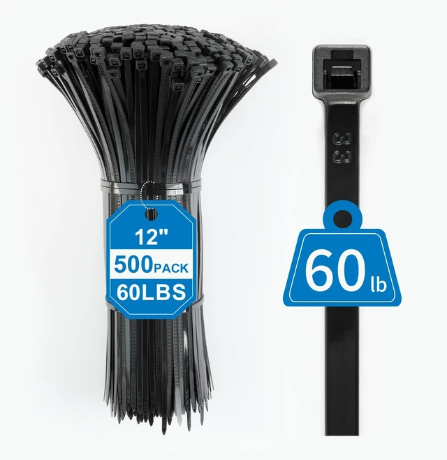 Main image of Zip Ties 12 Inch - 500 Pcs Black Zip Ties for Indoor and Outdoor Use Zip Ties 60lbs Tensile Strength, Self-Locking Cable Ties, UV Resistant Flame Retardant Nylon Zipties Cable Management