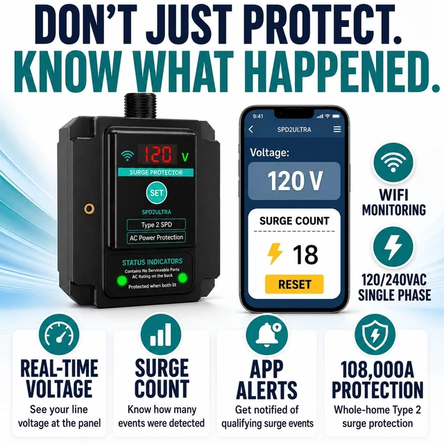 Alt view image 2 of 7 - WiFi Smart Surge Protective Device, Thermally Protected MOV, Type 2 SPD for 120/240VAC Breaker Panel, App Notification, Voltage & Surge Count Display, 108,000A, 2,820 Joules