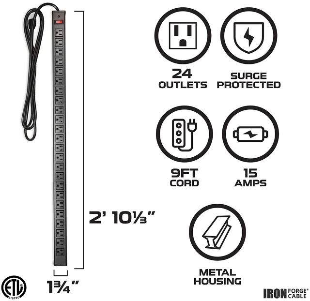Alt view image 2 of 6 - 24 Outlet Metal Surge Protector Power Strip, 9 Ft 24 Grounded Outlets, Metal Housing - For Home, Office & Workshop