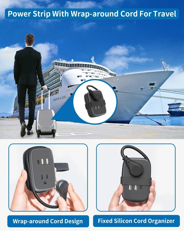 Alt view image 6 of 7 - Travel Power Strip with USB C Port, Small with Flat Plug,Multi Plug Travel Extension Cord Portable Power Strip with 2 Outlets 3 USB (1 C), for Cruise Home Essentials
