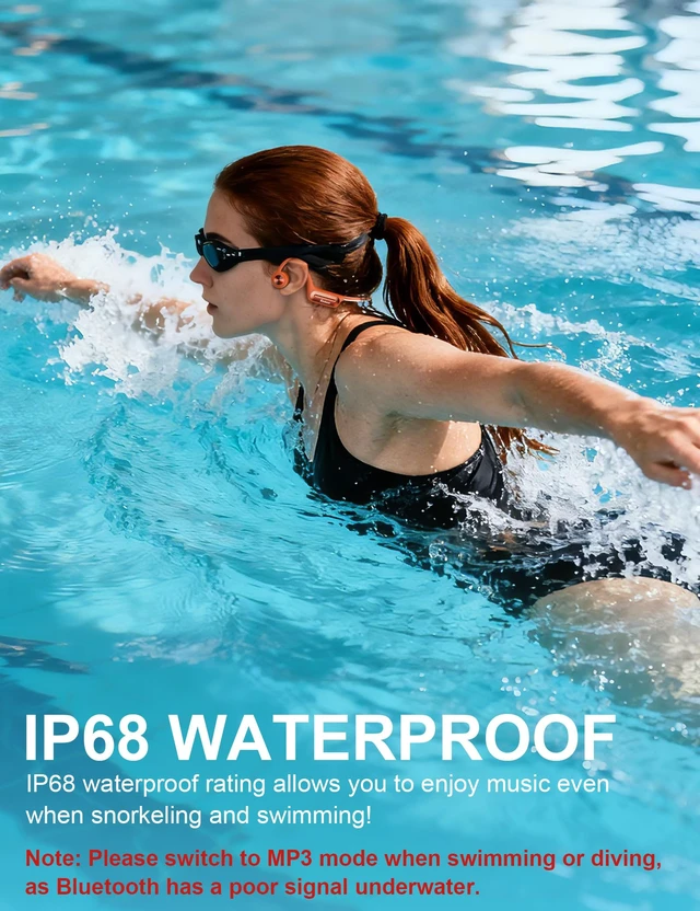 Alt view image 2 of 7 - Bone Conduction Headphones, Open Ear Headphones with MP3 Mode 32GB, 10Hrs Playtime IP68 Waterproof Swimming Headphones Secure Fit for Running, Cycling, Work, GiftOrange