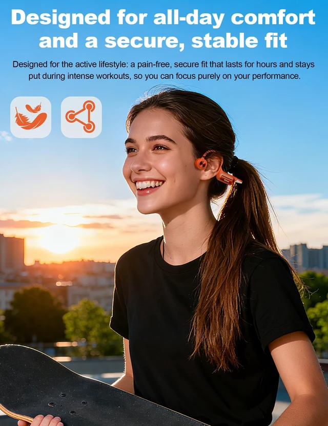 Alt view image 4 of 7 - Bone Conduction Headphones, Open Ear Headphones with MP3 Mode 32GB, 10Hrs Playtime IP68 Waterproof Swimming Headphones Secure Fit for Running, Cycling, Work, GiftOrange