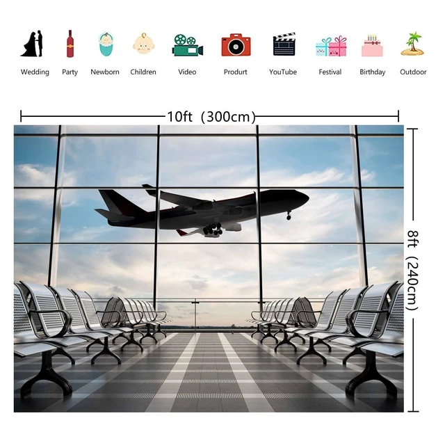 Alt view image 6 of 6 - Airport Terminal Airplane Photography Backdrop 10x8FT Realistic Airport Airplane Terminal Wall, Lightweight Vinyl, Travel Pilot Photo Backdrop, Easy Hang & Wipe Clean
