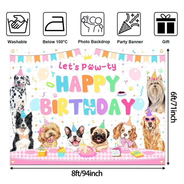 Alt view image 4 of 6 - 8 x 6 ft Dog Birthday Decorations Pink Puppy Dog Birthday Party Banner Let's Pawty Dogs Kids Photography Backdrop Indoor and Outdoor