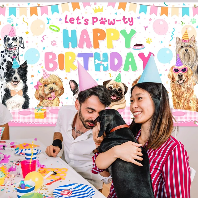 Alt view image 6 of 6 - 8 x 6 ft Dog Birthday Decorations Pink Puppy Dog Birthday Party Banner Let's Pawty Dogs Kids Photography Backdrop Indoor and Outdoor