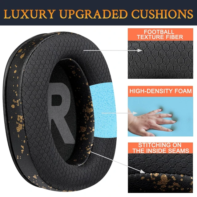 Alt view image 3 of 4 - Mesh Fabric Earpads Cushions Replacement for Logitech G Pro, G Pro X, G Prox 2, G Pro X SE Headphones, Ear Pads with Noise Isolation Foam, Added Thickness - Black Gold