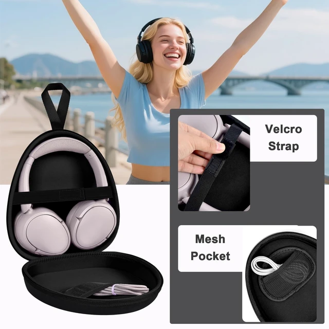 Alt view image 5 of 7 - Headphone Travel Case with Secure Strap and Accessory Pocket, Black Hard Shell Protection, Fits Most Foldable Over-Ear Headphones, 7.87 x 6.8 x 0.9 in Interior, for Daily Carry, Case Only
