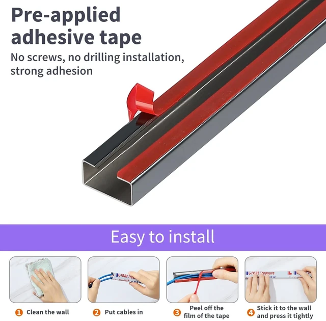 Alt view image 3 of 7 - Stainless Steel Management Raceway of Cables, 3-Pack 39.37in Metal Cable Condenser, Self-Adhesive Wire Cord Hider, No Screws No Drill On Wall Cable Cover Channels for Floor Home Office Kitchen