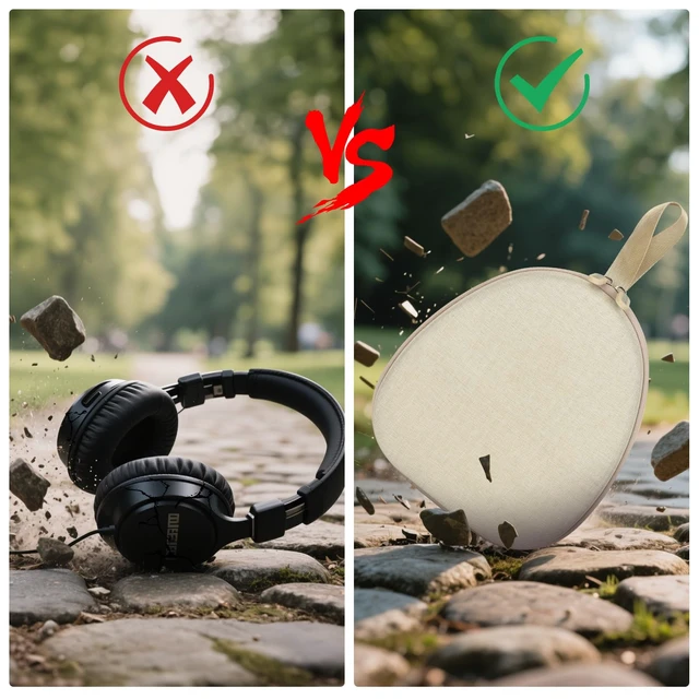 Alt view image 3 of 7 - Hard Shell Headphone Case with Secure Strap and Cable Pocket, Beige 7.87 x 6.8 x 0.9" Interior, Shock-Resistant EVA for Commuters, Students and Travelers, Fits Most Foldable Over-Ear Headphone