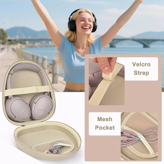 Alt view image 4 of 7 - Hard Shell Headphone Case with Secure Strap and Cable Pocket, Beige 7.87 x 6.8 x 0.9" Interior, Shock-Resistant EVA for Commuters, Students and Travelers, Fits Most Foldable Over-Ear Headphone