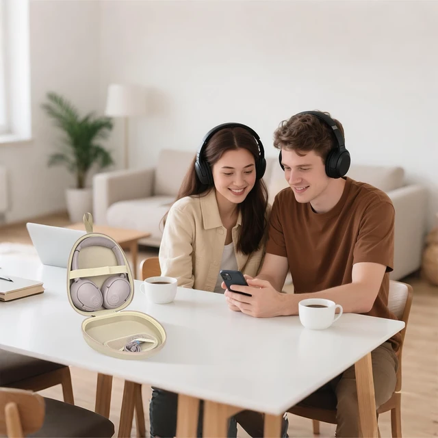 Alt view image 7 of 7 - Hard Shell Headphone Case with Secure Strap and Cable Pocket, Beige 7.87 x 6.8 x 0.9" Interior, Shock-Resistant EVA for Commuters, Students and Travelers, Fits Most Foldable Over-Ear Headphone