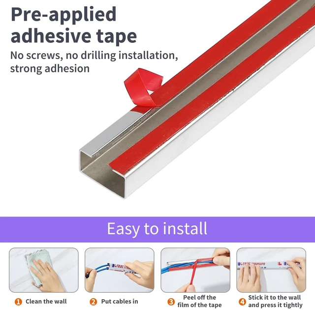 Alt view image 3 of 7 - Stainless Steel Management Raceway of Cables, 3-Pack 39.37in Metal Cable Condenser, Self-Adhesive Wire Cord Hider, No Screws No Drill On Wall Cable Cover Channels for Floor Home Office Kitchen