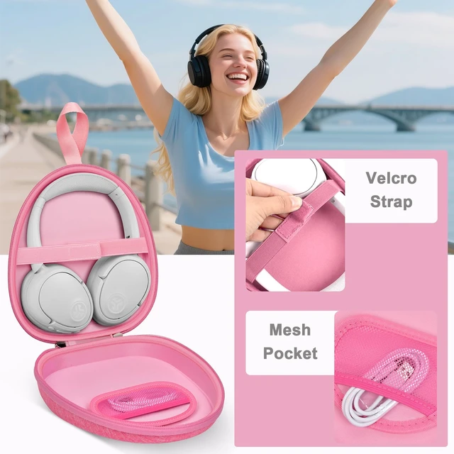 Alt view image 4 of 7 - Headphone Travel Case with Secure Strap and Accessory Pocket, Pink Hard Shell Protection, Fits Most Foldable Over-Ear Headphones, 7.87 x 6.8 x 0.9 in Interior, for Daily Carry, Case Only