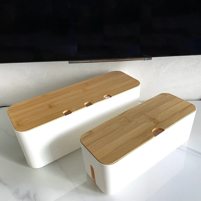 Main image of Cable Management Box with Bamboo Lid, Power Strip Organizer, White 2PCS Cord Organizer Box to Hide Cords, for Conceal Power Strips and Electrical Cords, for TVs, Computers, and Desks