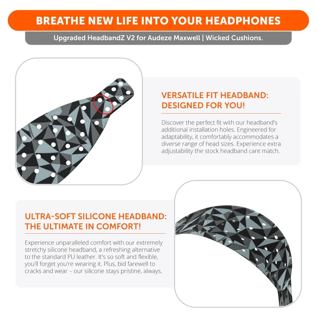 Alt view image 4 of 7 - HeadbandZ XL Maxwell - Wide Headband for Audeze Maxwell 1, 2 & 2 ANC Made by Wicked Cushions Wider Weight-Distributing Design Geo Grey