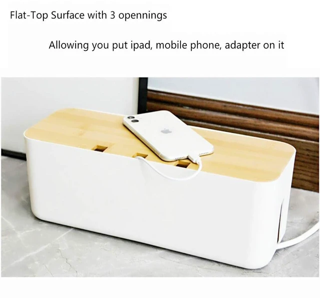 Alt view image 4 of 7 - Cable Management Box with Bamboo Lid, Power Strip Organizer, White 2PCS Cord Organizer Box to Hide Cords, for Conceal Power Strips and Electrical Cords, for TVs, Computers, and Desks