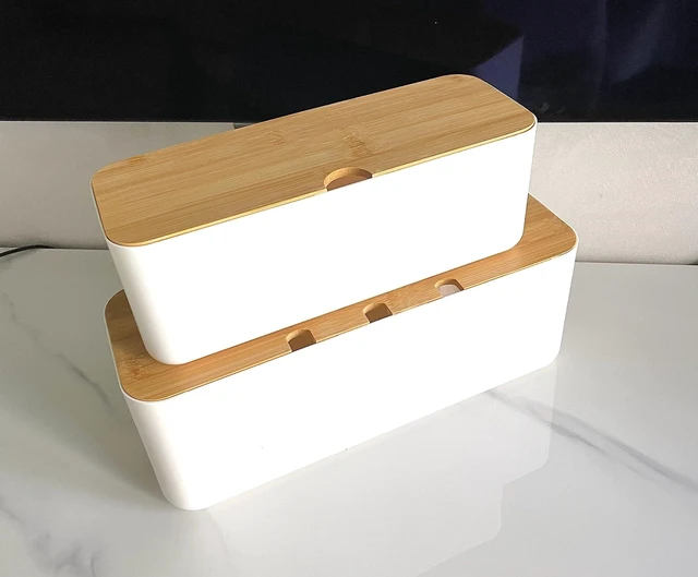 Alt view image 6 of 7 - Cable Management Box with Bamboo Lid, Power Strip Organizer, White 2PCS Cord Organizer Box to Hide Cords, for Conceal Power Strips and Electrical Cords, for TVs, Computers, and Desks