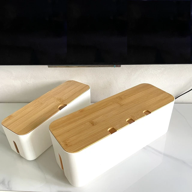 Alt view image 7 of 7 - Cable Management Box with Bamboo Lid, Power Strip Organizer, White 2PCS Cord Organizer Box to Hide Cords, for Conceal Power Strips and Electrical Cords, for TVs, Computers, and Desks