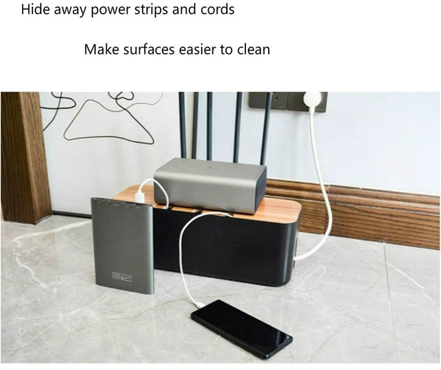 Alt view image 5 of 7 - Cable Management Box with Bamboo Lid, Power Strip Organizer, Black 2PCS Cord Organizer Box to Hide Cords, for Conceal Power Strips and Electrical Cords, for TVs, Computers, and Desks