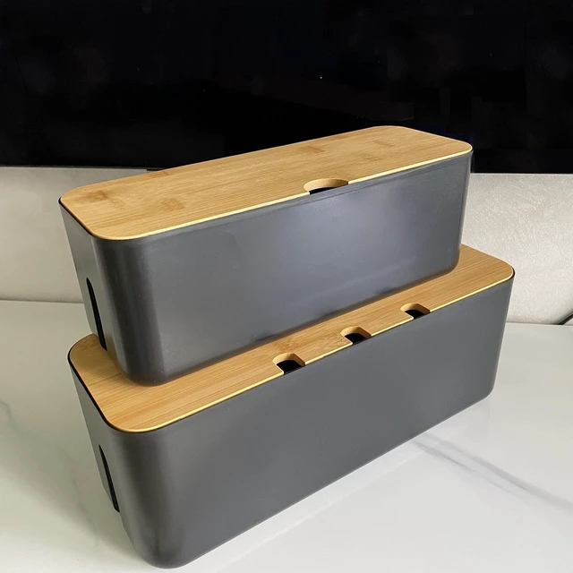 Alt view image 6 of 7 - Cable Management Box with Bamboo Lid, Power Strip Organizer, Black 2PCS Cord Organizer Box to Hide Cords, for Conceal Power Strips and Electrical Cords, for TVs, Computers, and Desks
