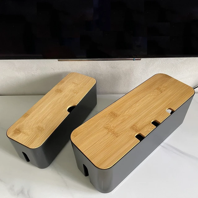Alt view image 7 of 7 - Cable Management Box with Bamboo Lid, Power Strip Organizer, Black 2PCS Cord Organizer Box to Hide Cords, for Conceal Power Strips and Electrical Cords, for TVs, Computers, and Desks