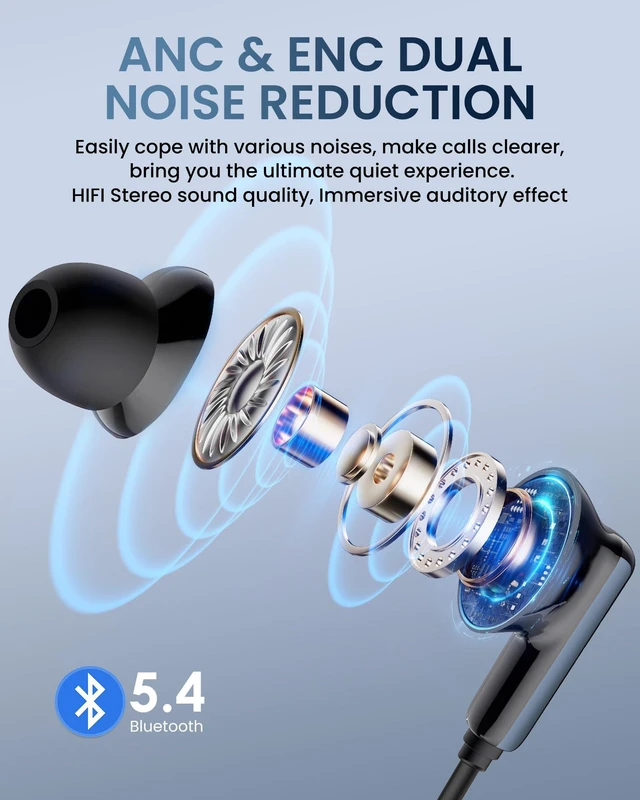 Alt view image 2 of 7 - Bluetooth 5.4 Neckband Headphones, ENC Noise Cancelling, Wireless Stereo Neckband Earbuds with Microphone, LED Battery Display, Waterproof Neck Headphones in Ear Headset for Sport, Workout