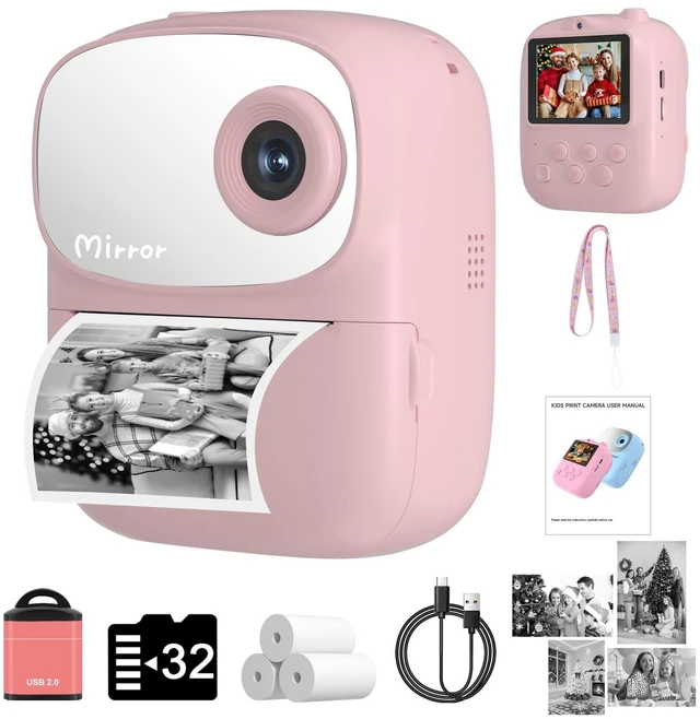 Main image of Kids Camera Instant Print for Kids with Mirror, HD Dual-Lens Selfie Digital Camera with 3 Rolls Print Paper & 32GB Card, Holiday Birthday Gifts Toys for Girls Boys Toddler.(Pink)