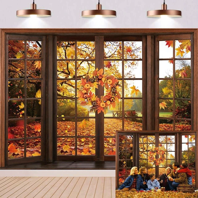 Main image of Fall Window Backdrop Autumn Forest Scene Maple Leaf Photography Background Fall Harvest Thanksgiving Day Kids Adults Baby Shower Birthday Party Decoration Photo Shoot Prop (10x8FT)