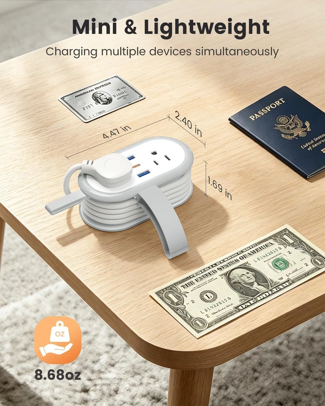 Alt view image 4 of 7 - PD 20W Travel Power Strip 4 AC Outlets, 2 USB-A & 1 USB-C Ports 4.6FT Wrapped Travel Extension Cord with Flat Plug, Cruise Approved Power Strip for Travel, Hotel, No Surge Protection, White