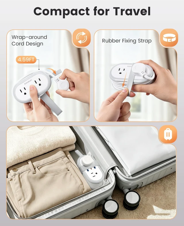 Alt view image 5 of 7 - PD 20W Travel Power Strip 4 AC Outlets, 2 USB-A & 1 USB-C Ports 4.6FT Wrapped Travel Extension Cord with Flat Plug, Cruise Approved Power Strip for Travel, Hotel, No Surge Protection, White