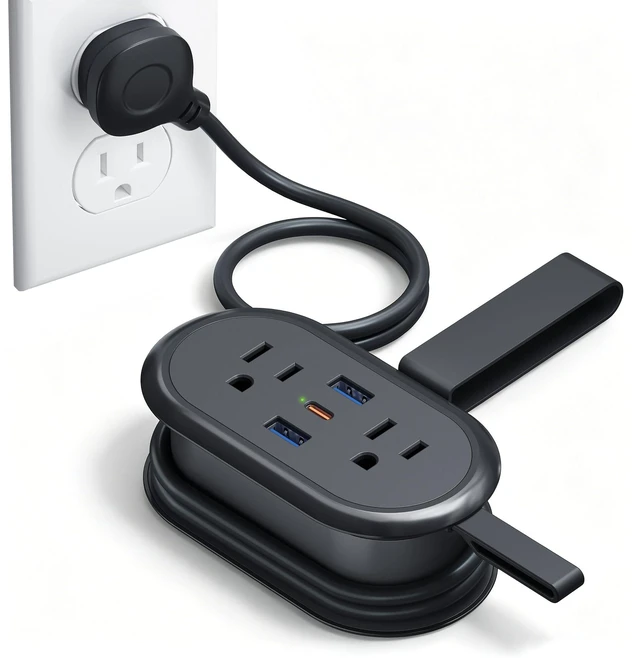 Main image of PD 20W Travel Power Strip 4 AC Outlets, 2 USB-A & 1 USB-C Ports 4.6FT Wrapped Travel Extension Cord with Flat Plug, Cruise Approved Power Strip for Travel, Hotel, No Surge Protection, Black