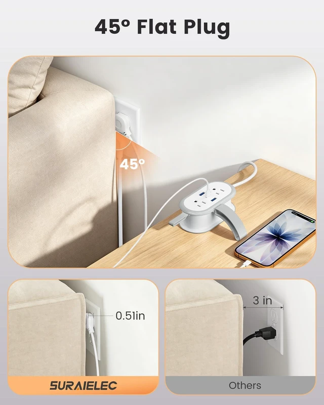 Alt view image 7 of 7 - PD 20W Travel Power Strip 4 AC Outlets, 2 USB-A & 1 USB-C Ports 4.6FT Wrapped Travel Extension Cord with Flat Plug, Cruise Approved Power Strip for Travel, Hotel, No Surge Protection, White