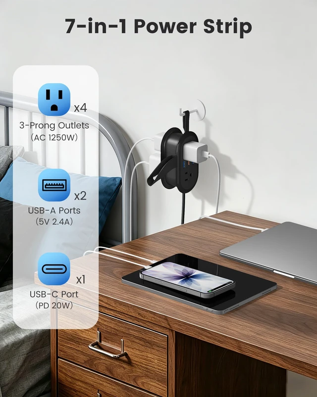Alt view image 2 of 7 - PD 20W Travel Power Strip 4 AC Outlets, 2 USB-A & 1 USB-C Ports 4.6FT Wrapped Travel Extension Cord with Flat Plug, Cruise Approved Power Strip for Travel, Hotel, No Surge Protection, Black