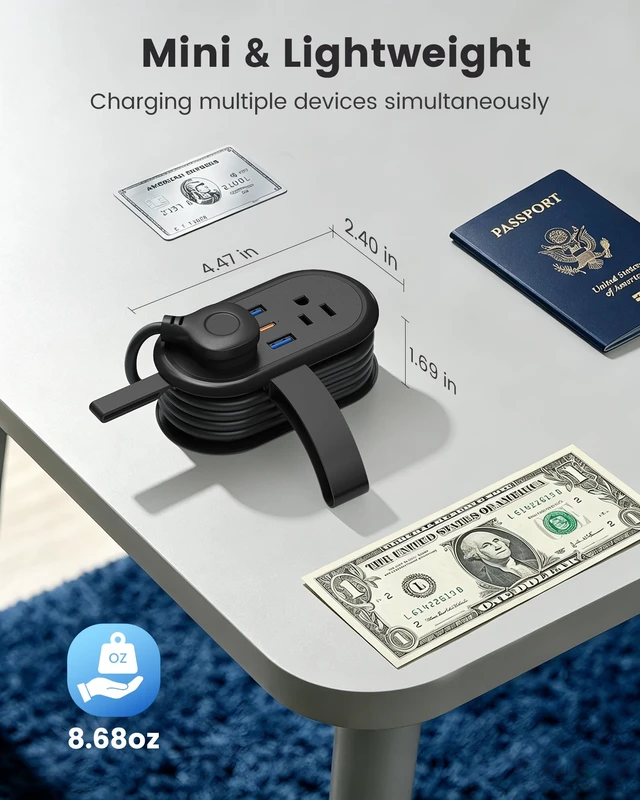 Alt view image 4 of 7 - PD 20W Travel Power Strip 4 AC Outlets, 2 USB-A & 1 USB-C Ports 4.6FT Wrapped Travel Extension Cord with Flat Plug, Cruise Approved Power Strip for Travel, Hotel, No Surge Protection, Black
