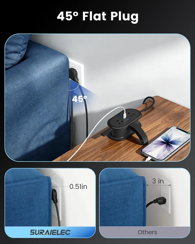 Alt view image 7 of 7 - PD 20W Travel Power Strip 4 AC Outlets, 2 USB-A & 1 USB-C Ports 4.6FT Wrapped Travel Extension Cord with Flat Plug, Cruise Approved Power Strip for Travel, Hotel, No Surge Protection, Black