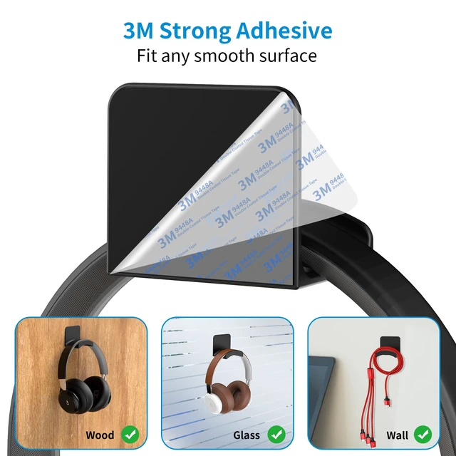 Alt view image 3 of 6 - Headphone Stand Headset Holder - Adhesive Gaming Earphones Hanger, Universal Desk Wall Mount Hook for All Headphone/Controller, Compatible with Beats, AirPods Max,Sony, JBL (Black)