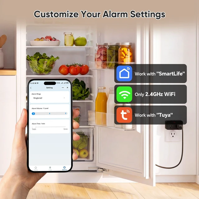 Alt view image 4 of 7 - WiFi Power Failure Alarm with Tuya APP Alert for Freezer, GFCI Trip Remote Silence, Loud 110dB, Custom Alarm Settings, 3 Volume Levels, 3 Alarm Tones, 2.4GHz Wi-Fi Only