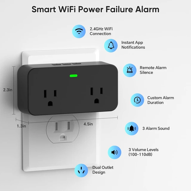 Alt view image 5 of 7 - WiFi Power Failure Alarm with Tuya APP Alert for Freezer, GFCI Trip Remote Silence, Loud 110dB, Custom Alarm Settings, 3 Volume Levels, 3 Alarm Tones, 2.4GHz Wi-Fi Only