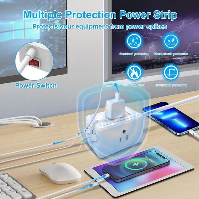 Alt view image 5 of 7 - 2 Pack Power Strip-3 Widely Spaced Outlets 4 USB Ports(2 USB C Port,PD 20W),1250W/10A with 5Ft Extension Cord, Extension Cord with Multiple outlets, Wall Mount for Home Office,White