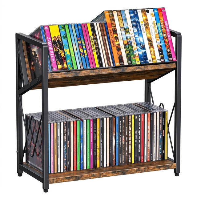 Main image of CD Storage Rack, 2-Tier CD Holder, DVD Shelf Holds up to 80 CDs or 56 DVDs cd Display Retro Desk DVD Organizer Tower for for Video Games, Blu Ray, VHS Tapes