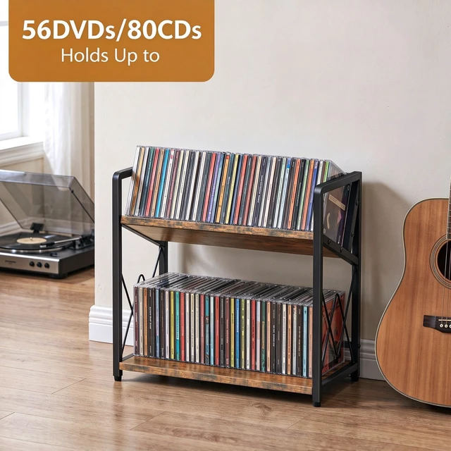 Alt view image 2 of 7 - CD Storage Rack, 2-Tier CD Holder, DVD Shelf Holds up to 80 CDs or 56 DVDs cd Display Retro Desk DVD Organizer Tower for for Video Games, Blu Ray, VHS Tapes