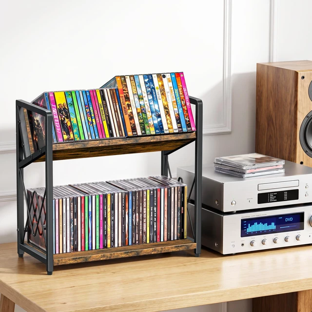 Alt view image 7 of 7 - CD Storage Rack, 2-Tier CD Holder, DVD Shelf Holds up to 80 CDs or 56 DVDs cd Display Retro Desk DVD Organizer Tower for for Video Games, Blu Ray, VHS Tapes