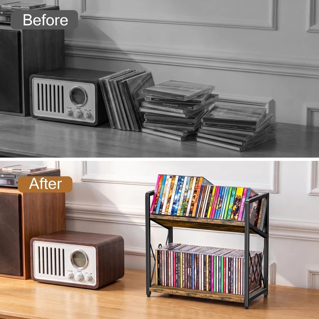 Alt view image 6 of 7 - CD Storage Rack, 2-Tier CD Holder, DVD Shelf Holds up to 80 CDs or 56 DVDs cd Display Retro Desk DVD Organizer Tower for for Video Games, Blu Ray, VHS Tapes