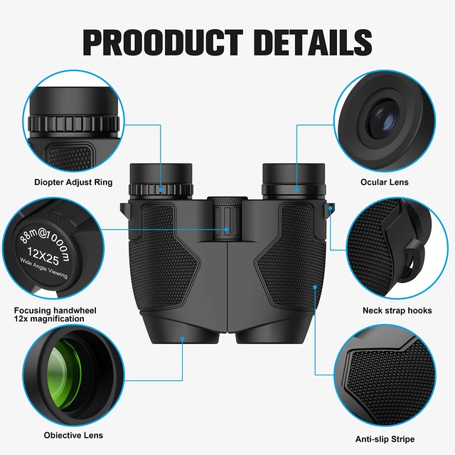 Alt view image 6 of 7 - Binoculars 12x25 for Adults Night Vision Binoculars Compact Binoculars for Soccer Games Waterproof Binocular Wide Field of View for Sporting Events,Bird Watching,Hiking,Hunting,Concert