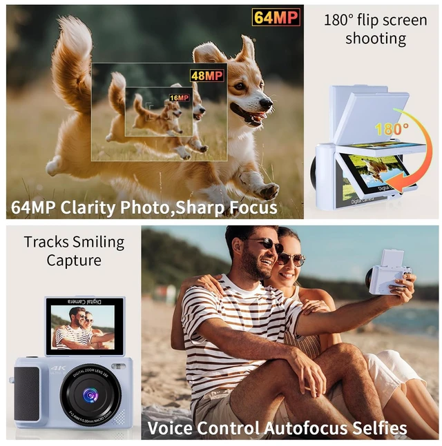 Alt view image 3 of 7 - 4K Digital Camera 2.8in 180° Flip Screen,16X Zoom Travel Camera 64MP HR photos,Auto&manual focus,Fill light&flash,4 photo/video modes,Filters&date stamp,Tripod+great kit,Y1