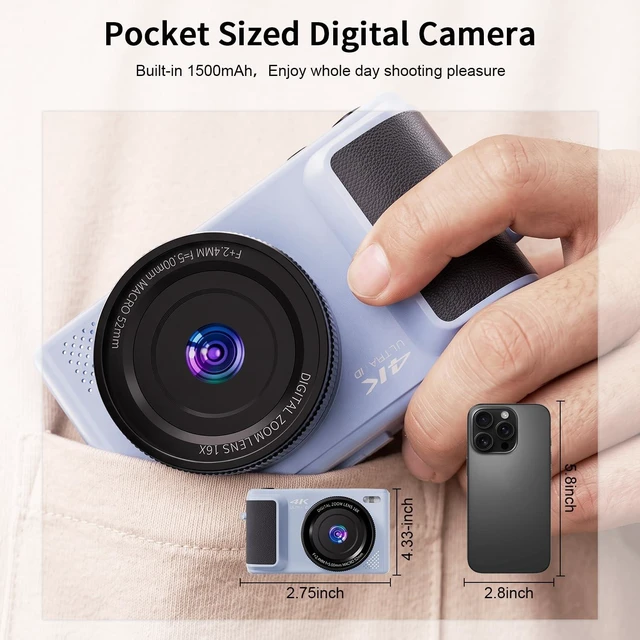 Alt view image 7 of 7 - 4K Digital Camera 2.8in 180° Flip Screen,16X Zoom Travel Camera 64MP HR photos,Auto&manual focus,Fill light&flash,4 photo/video modes,Filters&date stamp,Tripod+great kit,Y1