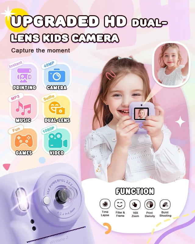 Alt view image 2 of 7 - Kids Camera Instant Print,Christmas Birthday Gifts for Girls 3-12 HD 1080P Dual-Lens Selfie Digital Camera for Kids, Toddler Portable Toy Camera With 3 Rolls Print Paper