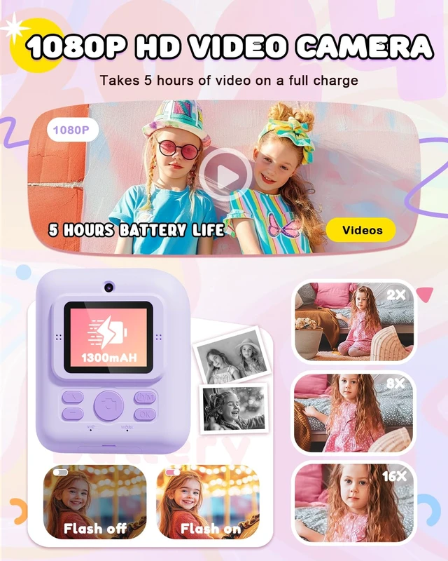 Alt view image 4 of 7 - Kids Camera Instant Print,Christmas Birthday Gifts for Girls 3-12 HD 1080P Dual-Lens Selfie Digital Camera for Kids, Toddler Portable Toy Camera With 3 Rolls Print Paper