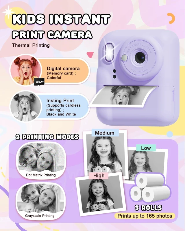 Alt view image 3 of 7 - Kids Camera Instant Print,Christmas Birthday Gifts for Girls 3-12 HD 1080P Dual-Lens Selfie Digital Camera for Kids, Toddler Portable Toy Camera With 3 Rolls Print Paper