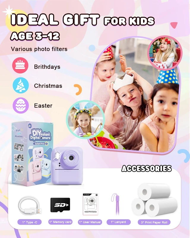 Alt view image 7 of 7 - Kids Camera Instant Print,Christmas Birthday Gifts for Girls 3-12 HD 1080P Dual-Lens Selfie Digital Camera for Kids, Toddler Portable Toy Camera With 3 Rolls Print Paper